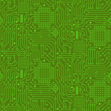 Bir bilgisayar mikro devresinden kusursuz desen. Mikroişlemci ve çiplerin yeşil arka planı. Bilgi, teknoloji, programlama ve bilişim endüstrisi konularında vektör illüstrasyon.