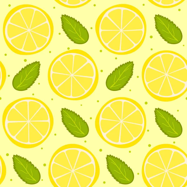 Nahtloses Sommermuster Aus Zitronenscheiben Und Minzblättern Erfrischend Saftigen Hintergrund Mit — Stockvektor