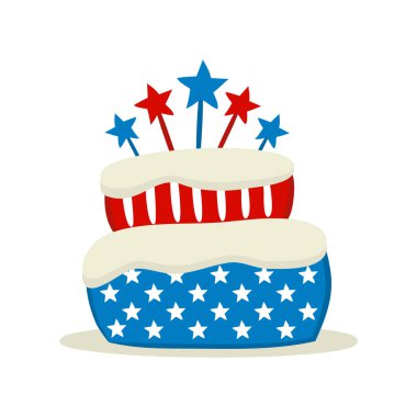 Cake by July 4th in national colors of United States of America. Pie for USA Independence or Election Day. Hand drawn Vector illustration for a festive decoration in doodle style.