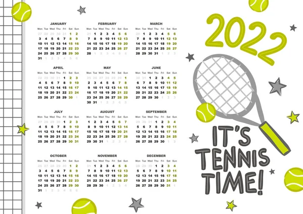 Hora Del Tenis Plantilla Calendario Deportivo Para 2022 Semana Comienza — Vector de stock