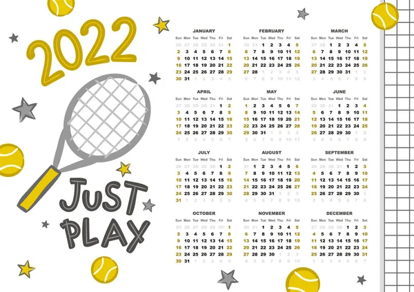 Просто Играй Теннис Шаблон Спортивного Календаря 2022 Год Неделя Начинается — стоковый вектор