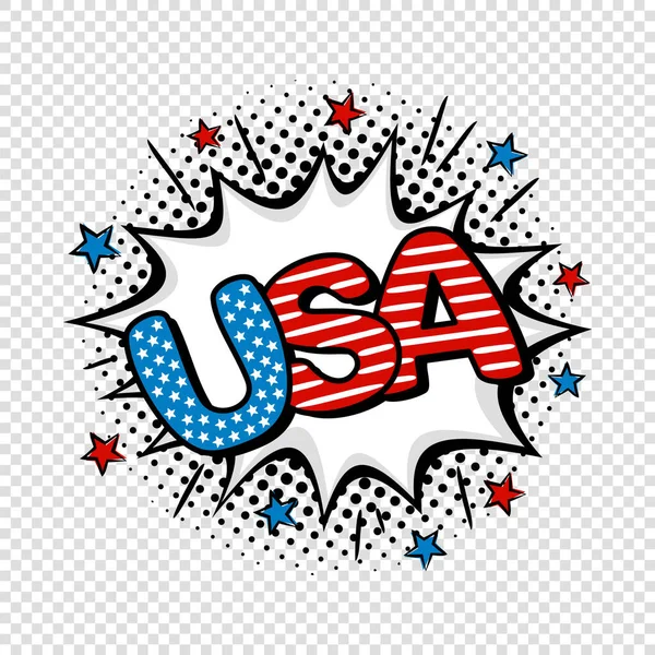 透明背景下的美国漫画标志 卡通白色爆炸与明星 7月4日美国国家色彩的流行艺术矢量图解 — 图库矢量图片
