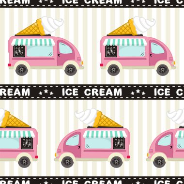 Dondurma kamyonetleriyle kusursuz desen. Çizgili tenteli ve çatısında waffle külahı olan bir araba. Yaz teması, tatlılar ve tatil üzerine vektör illüstrasyonu.