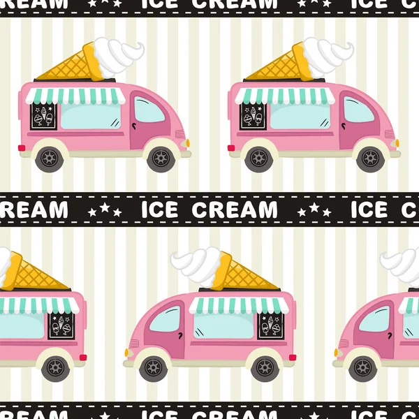 Seamless Pattern Ice Cream Vans Car Striped Awning Waffle Cone — Stock Vector