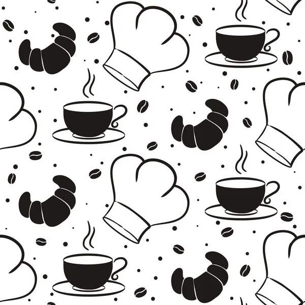 Nahtloses Silhouettenmuster Mit Handgezeichneten Elementen Doodle Cup Croissant Kochmütze Und — Stockvektor