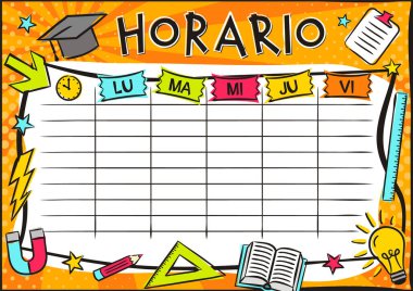 Öğrenciler için haftanın 5 günü için İspanyol parlaklığında bir okul programı. Okul deneklerinin bir listesi için boş. İspanya için pop sanat tarzında vektör illüstrasyon. Çeviri: Zaman çizelgesi