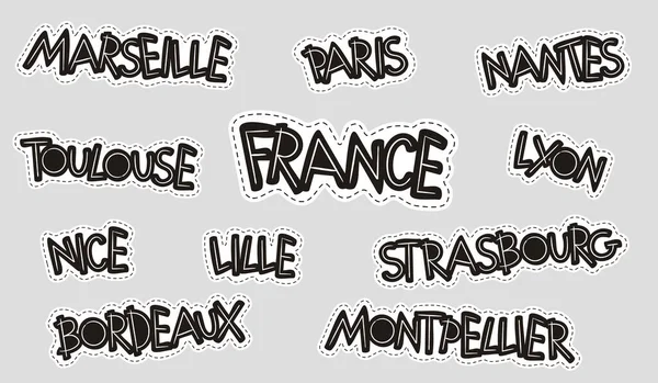 Conjunto Pegatinas Con Los Nombres Las Ciudades Francesas Fuente Hecha — Vector de stock