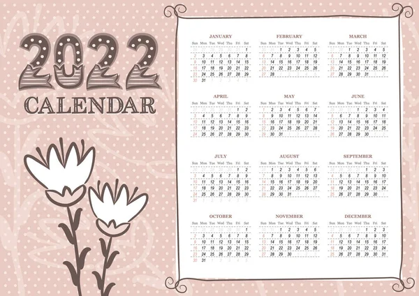 2022年的日历模板在风景方向与可爱的花朵 2022年为12个月 周开始于周日 古董山 矢量说明 — 图库矢量图片