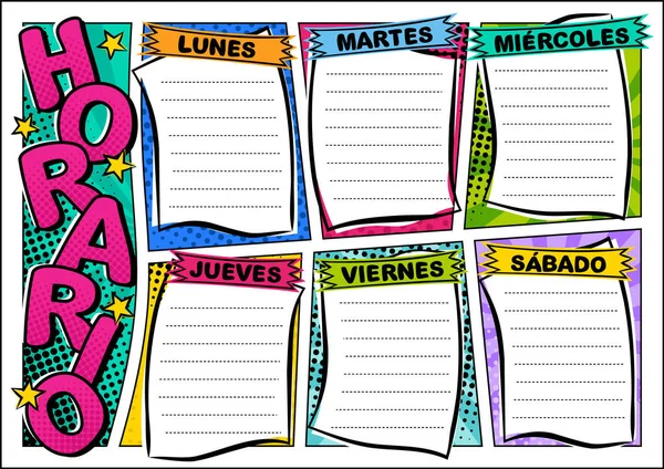 Испанский Комикс Искушает Школьное Расписание Дней Неделю Cartoon Blank Списка — стоковый вектор