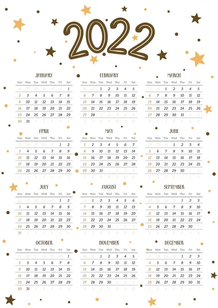 2022年用星点定位的日历模板 2022年为12个月 周开始于周日 神奇可爱的小集团 矢量说明 — 图库矢量图片
