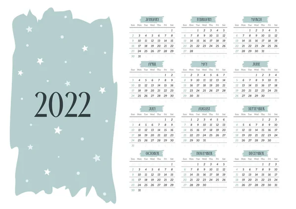 2022年星点日历模板 2022年为12个月 周开始于周日 神奇可爱的小集团 矢量说明 — 图库矢量图片