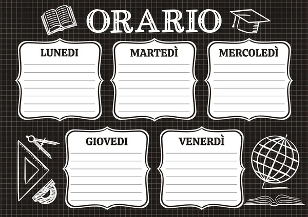 Öğrenciler için haftanın 5 günü için İtalyan şablonu. İtalya için tebeşir şekilli illüstrasyon. Okul temasına elle çizilmiş unsurlar içerir. Çeviri: Zaman çizelgesi