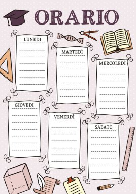 Öğrenciler için haftanın 6 günü için İtalyan klasik okul programı. Okul deneklerinin bir listesi için boş. İtalya için karalama tarzında vektör illüstrasyonu. Çeviri: Zaman çizelgesi