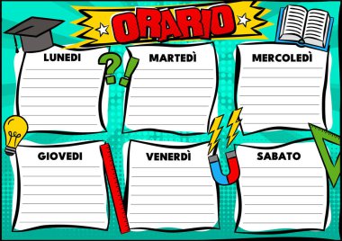 Haftanın 6 günü için İtalyan komedi programı çizelgesi. Okul deneklerinin bir listesi için Boş Çizgi film. Transalsiyon: Zaman çizelgesi, Pazartesi, Salı, Çarşamba, Perşembe, Cuma. Vektör popart