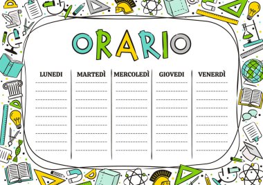 Öğrenciler için haftanın 5 günü için bir okul programı. Çizgi film tarzında vektör illüstrasyonu. Okul temasına elle çizilmiş unsurlar içerir. Çeviri: Zaman çizelgesi