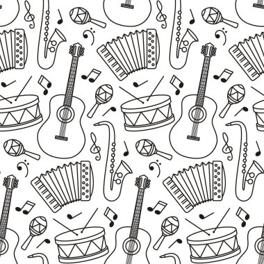 Müzik notaları ve müzik aletleriyle siyah ve beyaz desenli. Yaratıcı ve eğitici projeler için doğrusal vektör illüstrasyonu, müzik okulu, konser, festival.