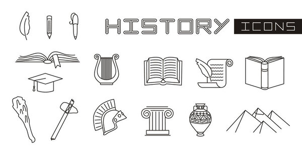 A set of linear isolated elements for History. Historical sites, ancient world, archeology. Vector illustration for school textbooks, educational projects, banners and posters.