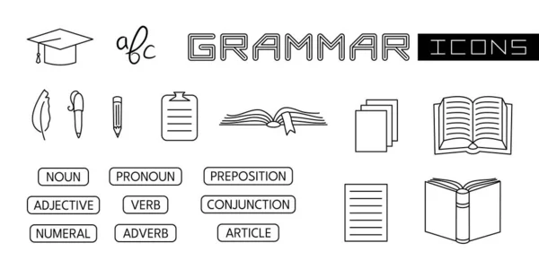 Eine Reihe Linear Isolierter Elemente Für Die Grammatik Bücher Schreibmaterialien — Stockvektor