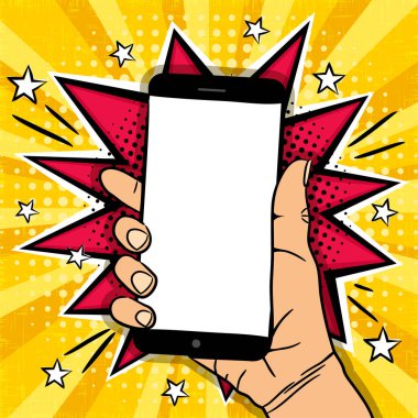 Elinde cep telefonu olan komik, parlak bir afiş. Patlama, boş ekranlı akıllı telefon ve pop sanat tarzında yıldızlar. Web tasarımı şablonu, afişler, kartlar, kuponlar ve posterler. Vektör illüstrasyonu