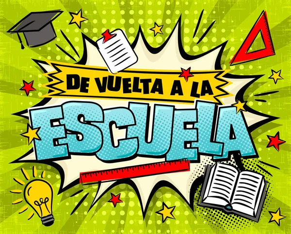 Spanish Comic template of a school schedule for 5 days of the week. Cartoon  Blank for a list of school subjects. Transaltion: Timetable, Monday,  Tuesday, Wednesday, Thursday, Friday. Vector popart Stock Vector