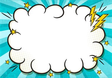 Popart tarzında bulut çerçeveli çizgi roman afişi. Parlak mavi arkaplandaki mesaj kutusu. Web tasarımı şablonu, afişler, kuponlar, başvurular ve posterler. Çizgi film Vektör illüstrasyonu.