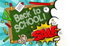 Popart tarzında okul indirimli çizgi roman afişi ve metin için boş bir alan. Parlak bir ışın arka planında patlama ve okul eşyaları. Reklam teklifi ya da poster için boş. Vektör şablonu.