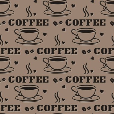 Kusursuz kahve kalıbı ve el yapımı elementler. Kupa, kupa ve kahve çekirdekleri. Kafe, restoran, kafe ya da menü için arka plan. Vektör illüstrasyonu.