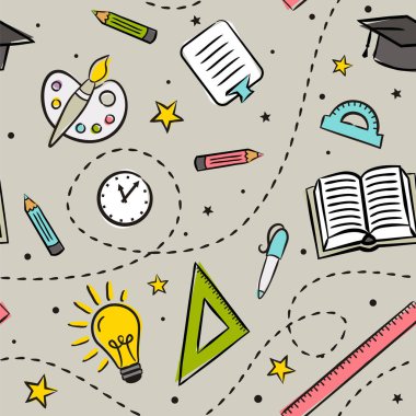 El çizimi okul unsurlarıyla kusursuz çizgi film deseni. Eğitim objeleri olan çocuklar: cetvel, kitap, ampul, palet, kalem, kalem ve yıldızlar. Vektör arkaplanı.