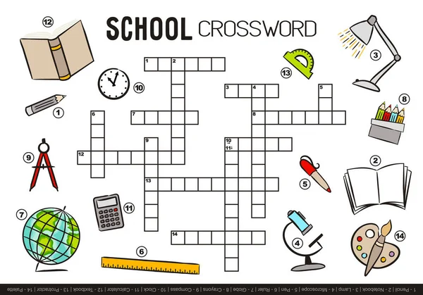 Freizeit Kreuzworträtsel Auf Schulobjekten Für Kinder Kinderspiel Mit Comic Elementen — Stockvektor