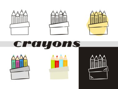 Pastel boya simgeleri beyaz arkaplanda izole edildi. Renkli kalemlerle dolu bir kutu. Kara tahtaya elle çizilmiş karalama stili, düz ve tebeşir şeklinde bir şekil. Vektör illüstrasyonu