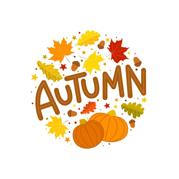 Niedliche Herbst Schriftzug Emblem Mit Herbstblättern Kürbissen Und Eicheln Handgezeichnetes — Stockvektor
