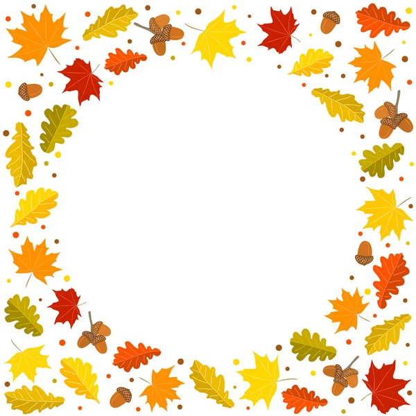 秋天的圆形框架是由手工绘制的叶子制成的 黄色和橙色的枫树和橡木叶 橡木橡子 用于秋天装饰的模板或空白 矢量说明 — 图库矢量图片