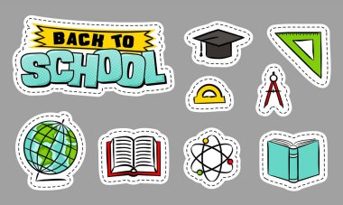 Okula dönelim. Bir dizi okul öğesi çıkartması. Eğitim ikonları, fizik, bilim, geometri, cebir. Rozetler, etiketler, afişler, posterler, broşürler veya kitapçıklar için vektör illüstrasyonuName
