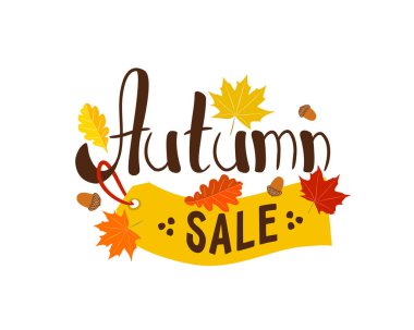 Sonbahar satışı için el yazması harfler. Sonbahar yapraklı logo ve sarı indirimli fiyat etiketi. Afişler, el ilanları, reklam kampanyaları için vektör illüstrasyonu