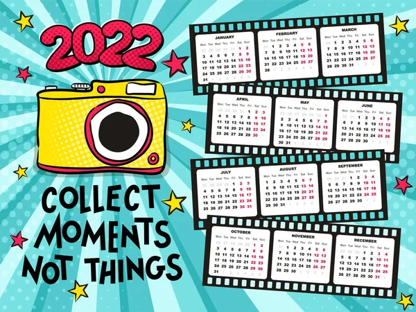 2022 Plantilla Calendario Anual Para Fotógrafos Meses Película Fotográfica Semana — Vector de stock