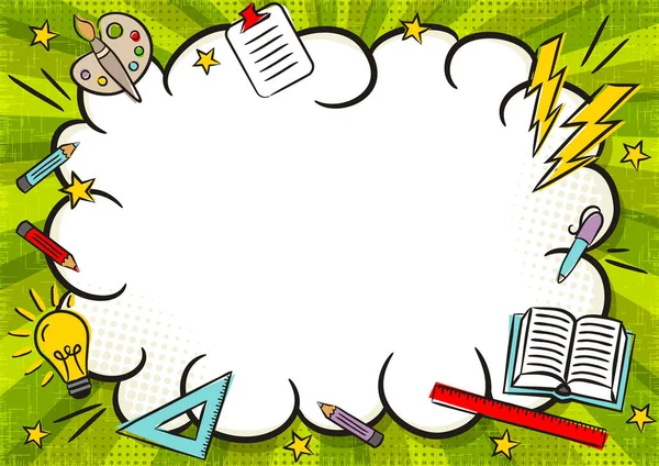 Comic School Banner Cloud Frame Popart Στυλ Κουτί Κειμένου Πράσινο — Διανυσματικό Αρχείο