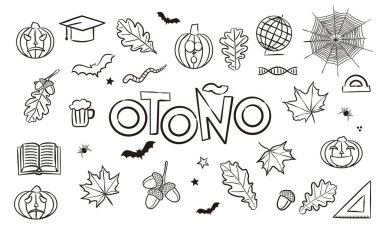 İspanyolca 'dan çeviri: sonbahar. Mevsimlik takvim için Doodle Elementleri. Beyaz arka planda el yapımı nesneler izole edilmiş. Boyama, yıllık ve takvimler için vektör illüstrasyonuName.