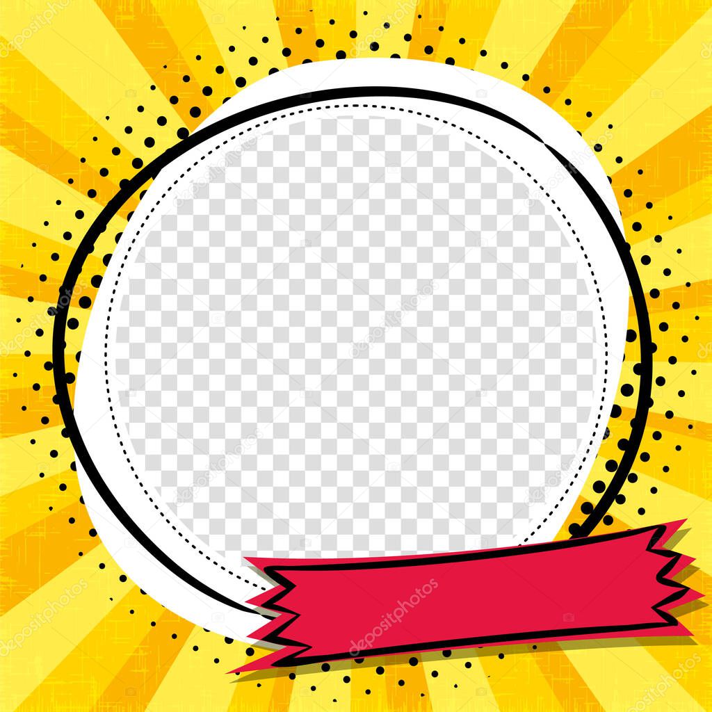 Comic empty round frame in popart style. Isolated White box with transparent. Photo album page. Cartoon Vector illustration. Template for offer, announcement or discount.