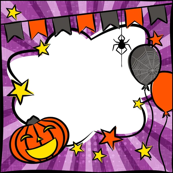 Pop Art Frame Comic Pumpkin Stars Balloons Bright Template Hanging — Stock Vector