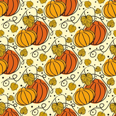 Balkabağı ve yapraklarla kusursuz hasat deseni. Sonbahar arkaplanı turuncu, yeşil tonlar. Elle çizilmiş olgun sebzeler ve yapraklar. Sonbahar, Şükran ve Cadılar Bayramı teması üzerine vektör illüstrasyonu