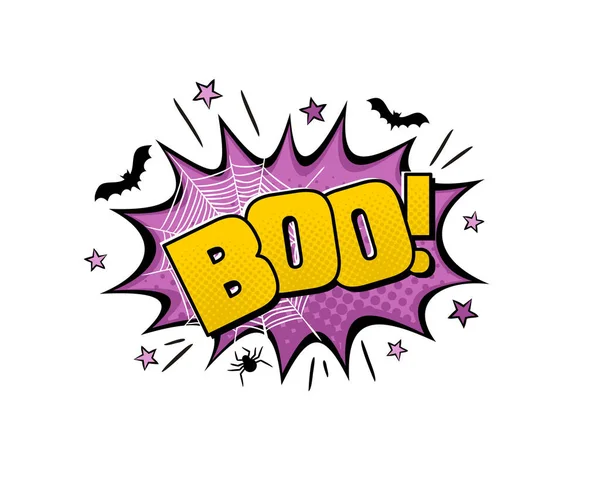 Boo Stripverhaal Logo Halloween Embleem Cartoon Explosie Met Vleermuis Spin — Stockvector