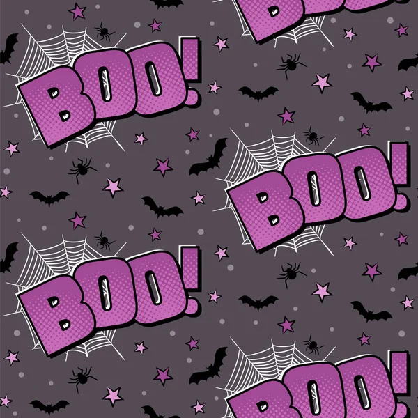 Boo Stripverhaal Logo Halloween Paars Naadloos Patroon Cartoon Achtergrond Met — Stockvector