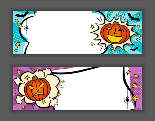 Heldere Banner Voor Halloween Met Pompoenen Sterren Vleermuizen Wolk Tekst — Stockvector