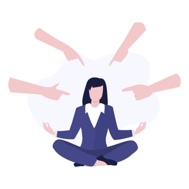 Vektör işçisi ya da iş kadını lotus poz verip parmaklarıyla onu işaret ediyor. Tükenme, depresyon veya zihinsel bozukluk kavramı. 