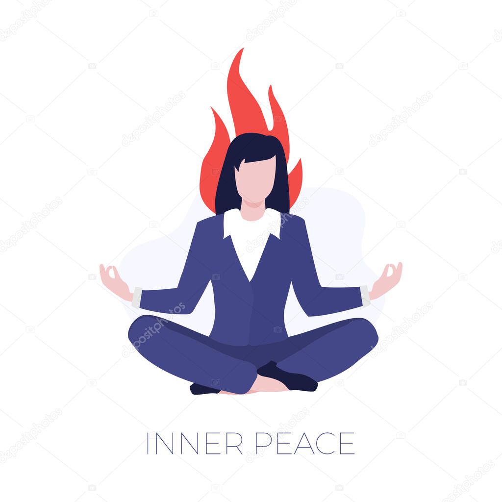 Vector worker or business woman sitting on floor in lotus pose with fire head and inner peace phrase. Burning out, depression or overworked concept. 