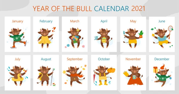 Ilustracje Kalendarza Wektorowego 2021 Rok Koncepcji Krowy Wołu Lub Byka — Wektor stockowy