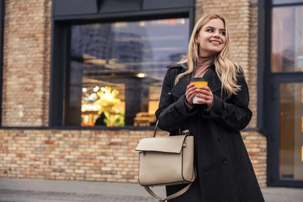 Blonde Woman Dark Coat Drinks Coffee Cup Dark Cold Autumn — Stock Photo, Image