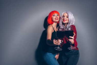 Tarafsız gri arka planda kot ve bluz giymiş kırmızı ve gri renkli peruklar takmış iki tatlı sarhoş kız. Onlar mutlu bir şekilde şarap içiyorlar. Haşin moda aydınlatmasıyla gülümseyen hayat tarzı portresi