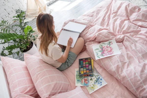 Roupa Ecológica Rosa Cama Interior Casa Moderna Luz Dia — Fotografia de Stock