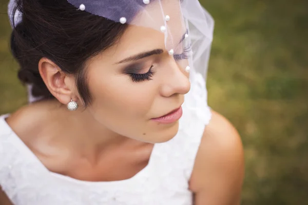 Belle mariée se préparant à se marier en robe blanche et voile — Photo